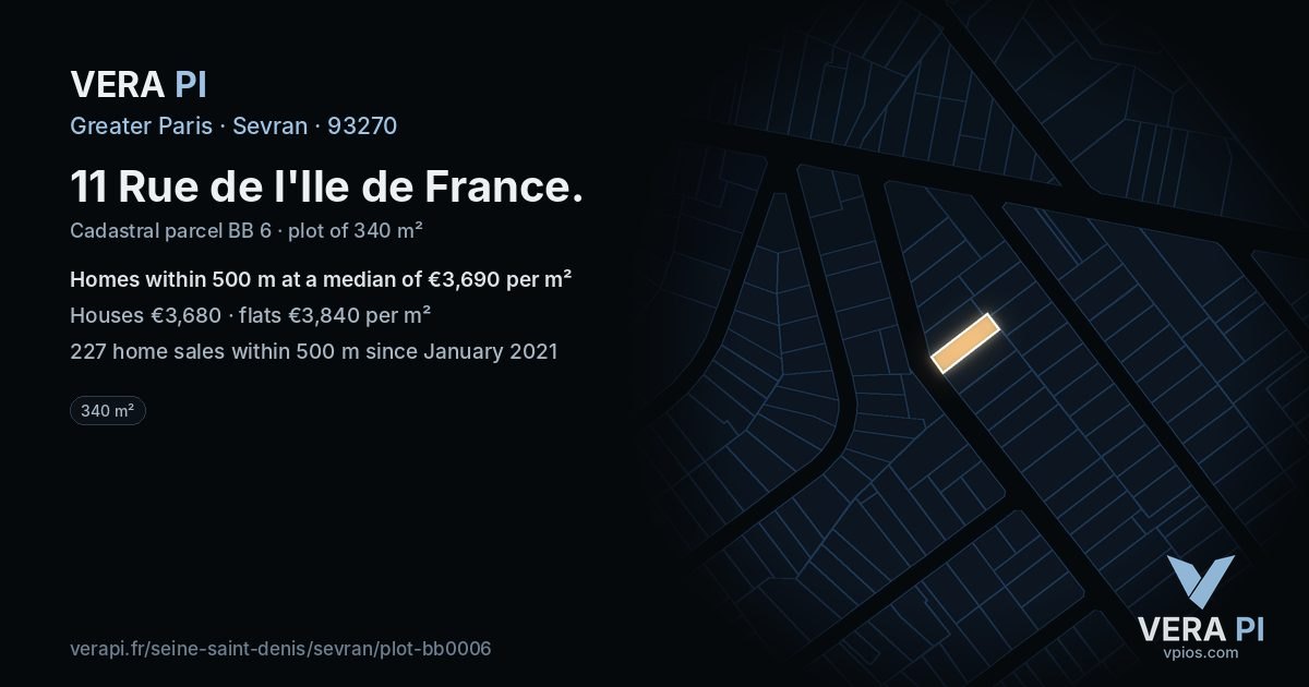 11 Rue de l'Ile de France, Sevran at night – the plot lit, the parcels around coloured by the prices near them