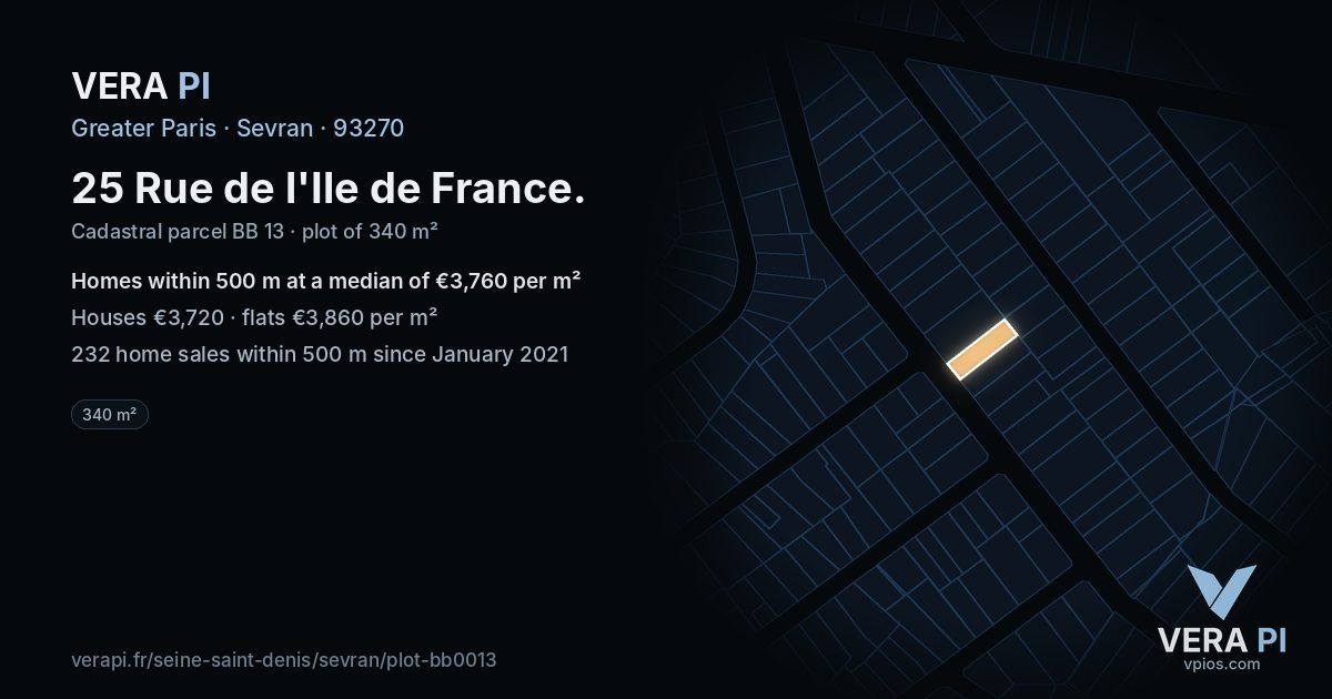25 Rue de l'Ile de France, Sevran at night – the plot lit, the parcels around coloured by the prices near them