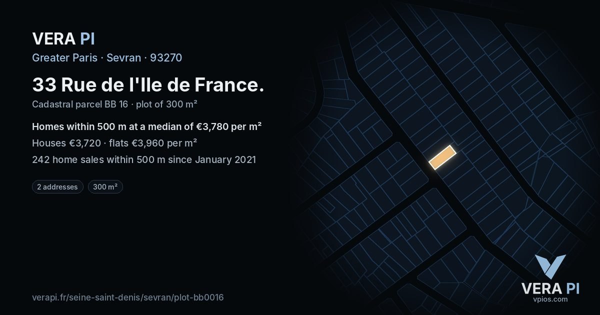 33 Rue de l'Ile de France, Sevran at night – the plot lit, the parcels around coloured by the prices near them