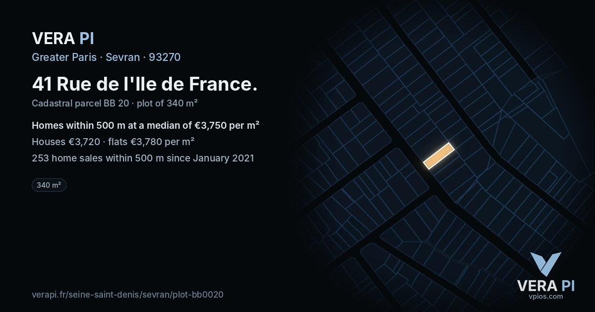 41 Rue de l'Ile de France, Sevran at night – the plot lit, the parcels around coloured by the prices near them