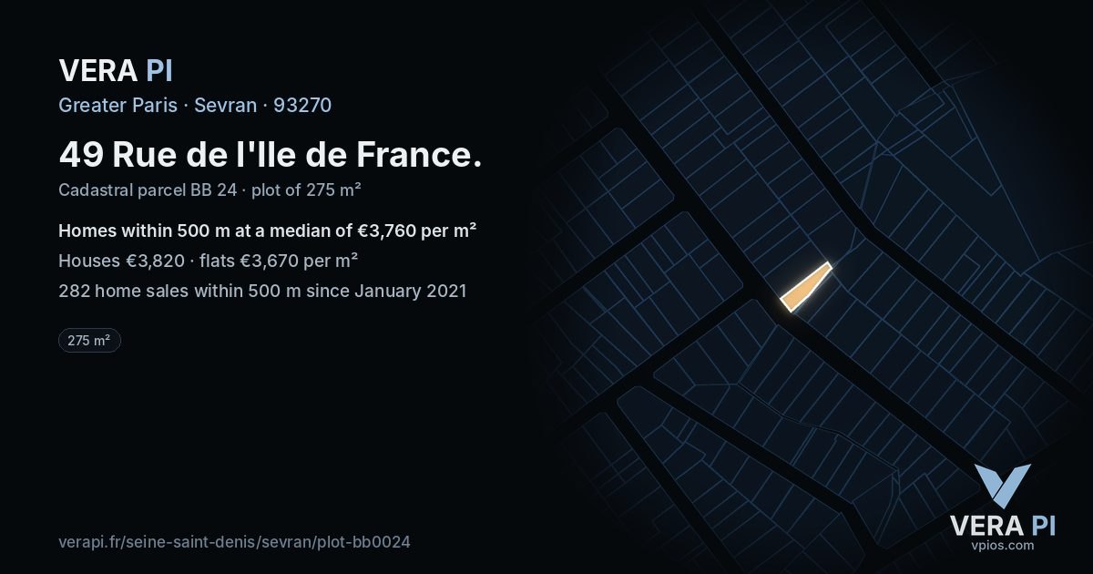 49 Rue de l'Ile de France, Sevran at night – the plot lit, the parcels around coloured by the prices near them