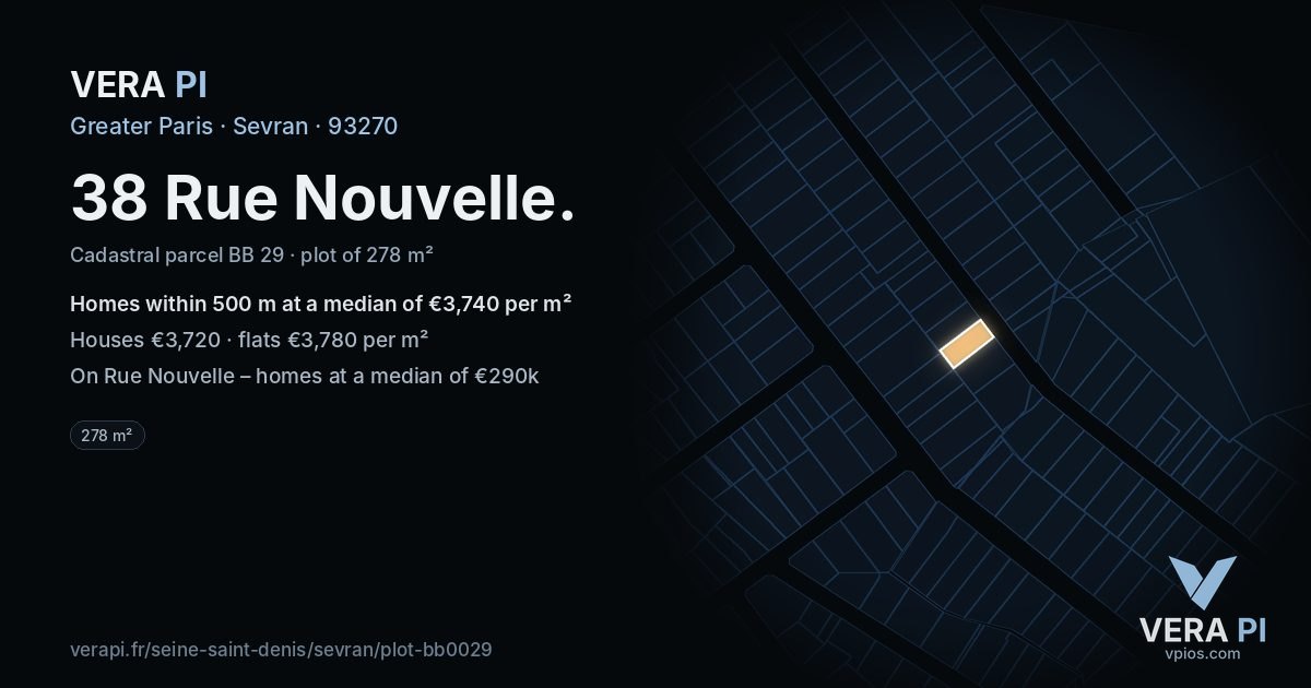38 Rue Nouvelle, Sevran at night – the plot lit, the parcels around coloured by the prices near them