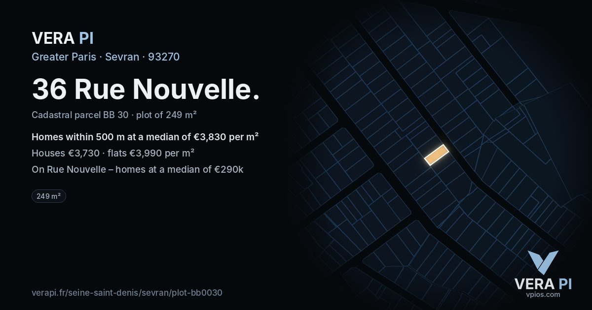 36 Rue Nouvelle, Sevran at night – the plot lit, the parcels around coloured by the prices near them