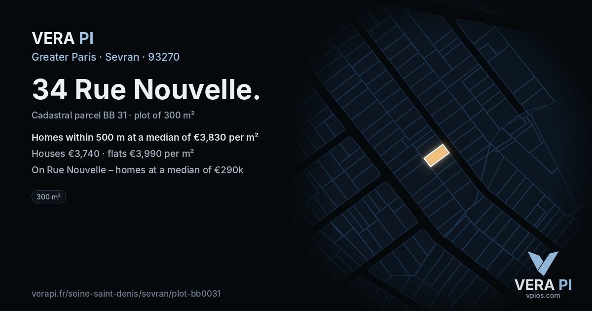 34 Rue Nouvelle, Sevran at night – the plot lit, the parcels around coloured by the prices near them