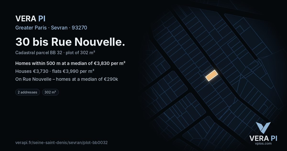 30 bis Rue Nouvelle, Sevran at night – the plot lit, the parcels around coloured by the prices near them
