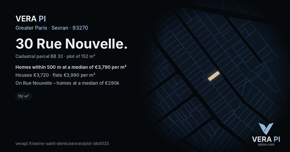 30 Rue Nouvelle, Sevran at night – the plot lit, the parcels around coloured by the prices near them