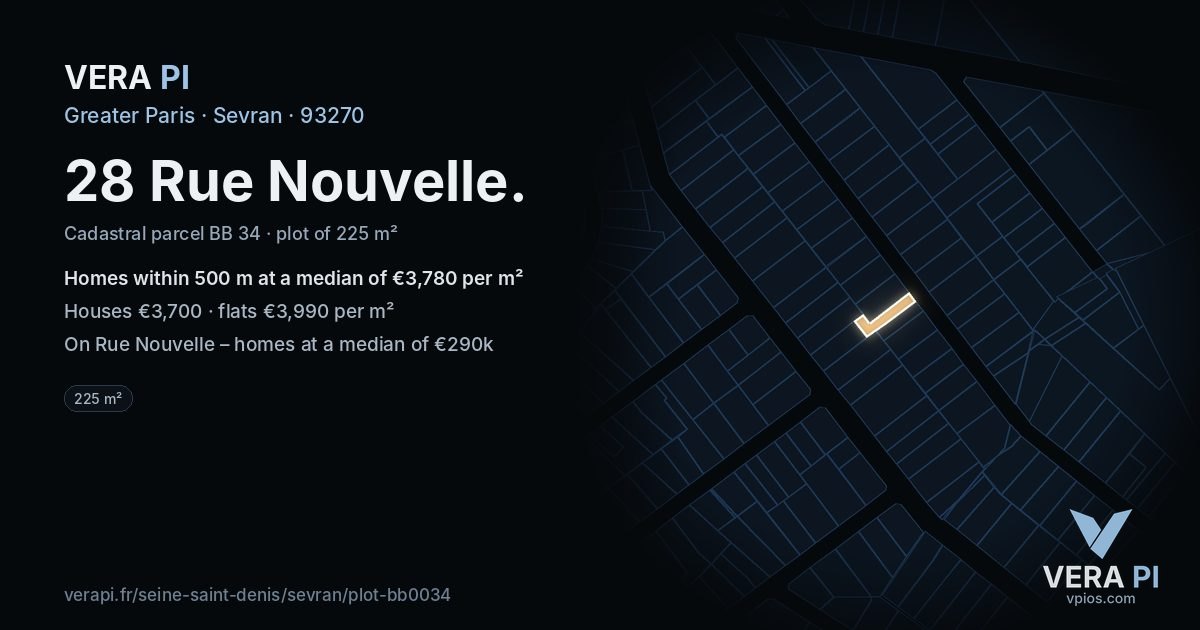 28 Rue Nouvelle, Sevran at night – the plot lit, the parcels around coloured by the prices near them