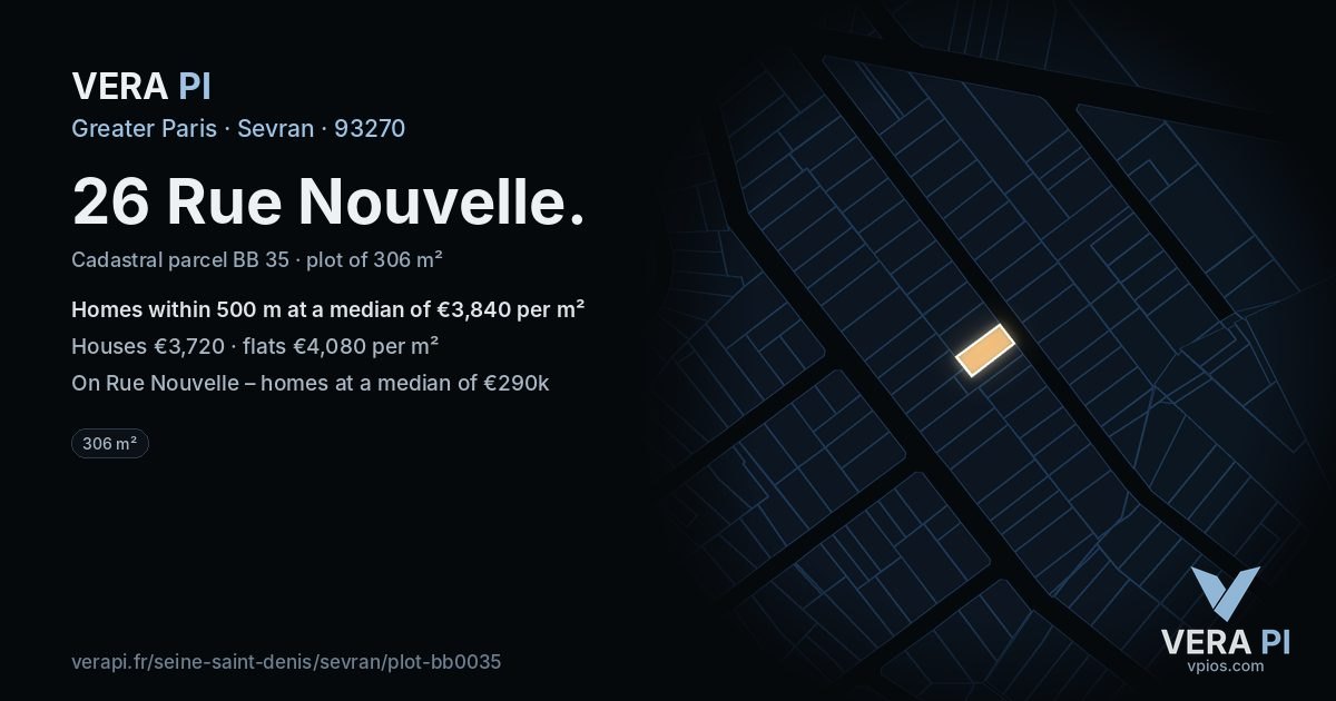 26 Rue Nouvelle, Sevran at night – the plot lit, the parcels around coloured by the prices near them