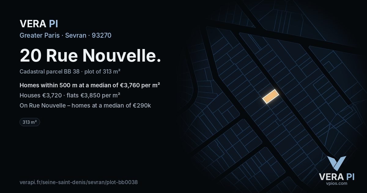 20 Rue Nouvelle, Sevran at night – the plot lit, the parcels around coloured by the prices near them