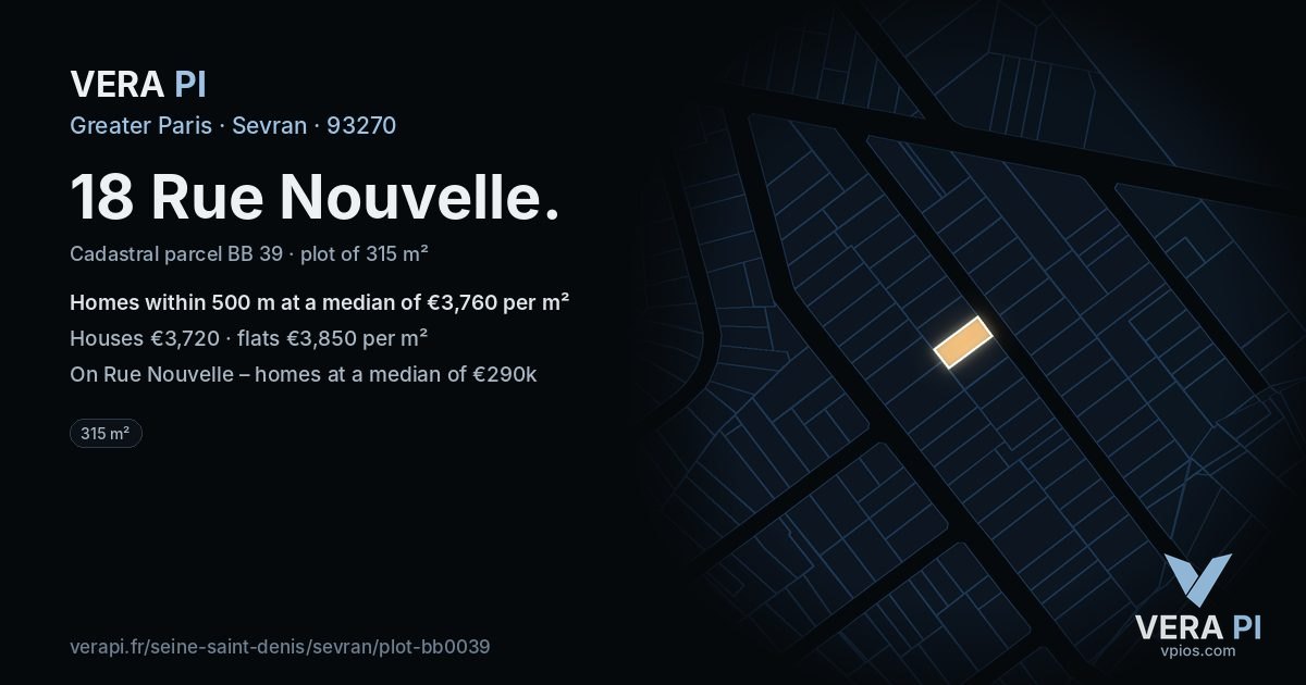 18 Rue Nouvelle, Sevran at night – the plot lit, the parcels around coloured by the prices near them
