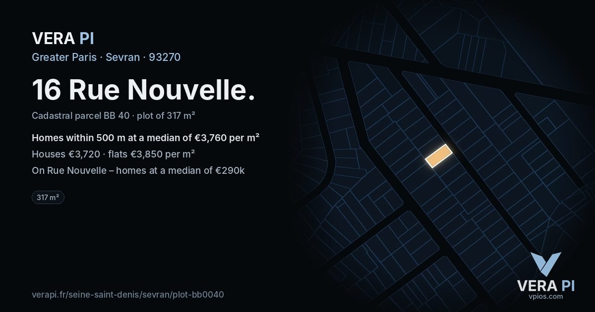 16 Rue Nouvelle, Sevran at night – the plot lit, the parcels around coloured by the prices near them