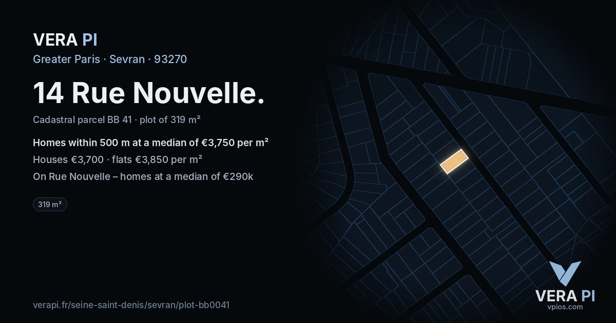 14 Rue Nouvelle, Sevran at night – the plot lit, the parcels around coloured by the prices near them