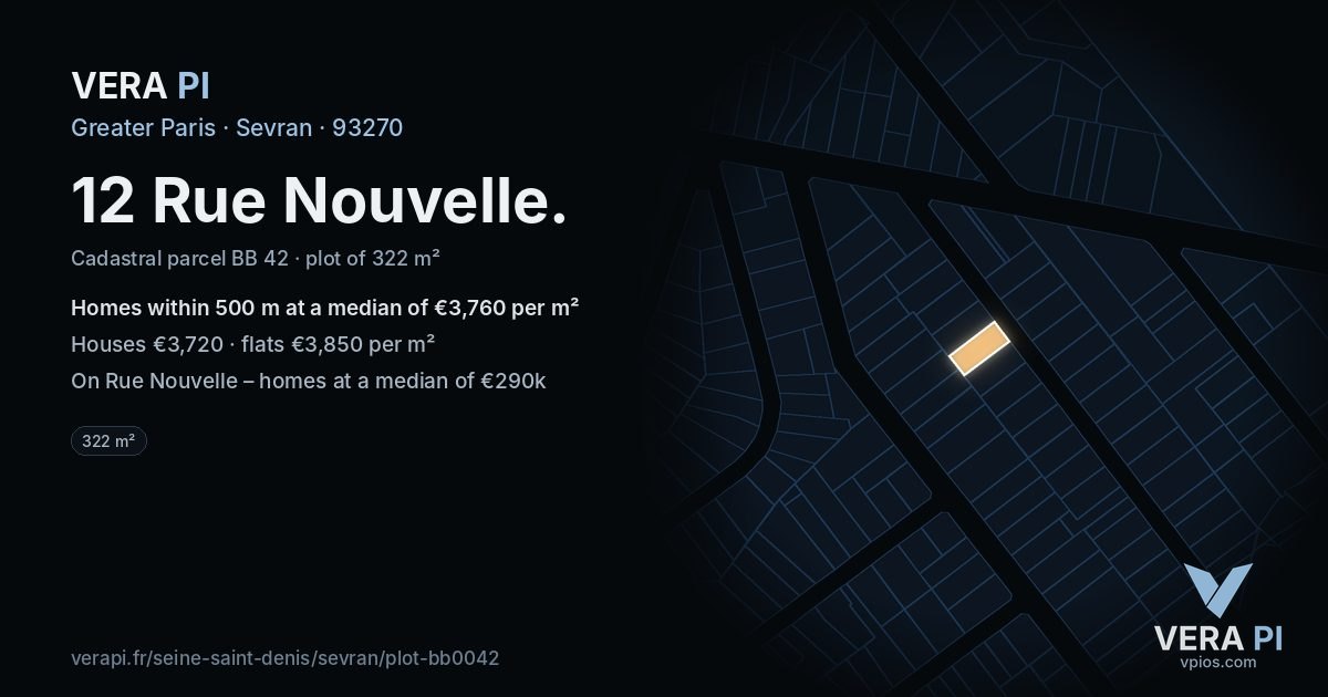 12 Rue Nouvelle, Sevran at night – the plot lit, the parcels around coloured by the prices near them