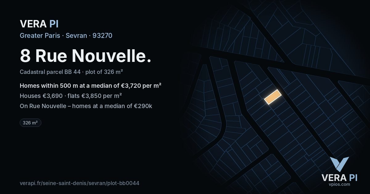 8 Rue Nouvelle, Sevran at night – the plot lit, the parcels around coloured by the prices near them