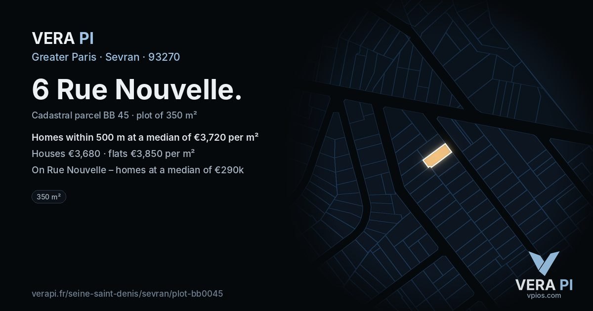 6 Rue Nouvelle, Sevran at night – the plot lit, the parcels around coloured by the prices near them