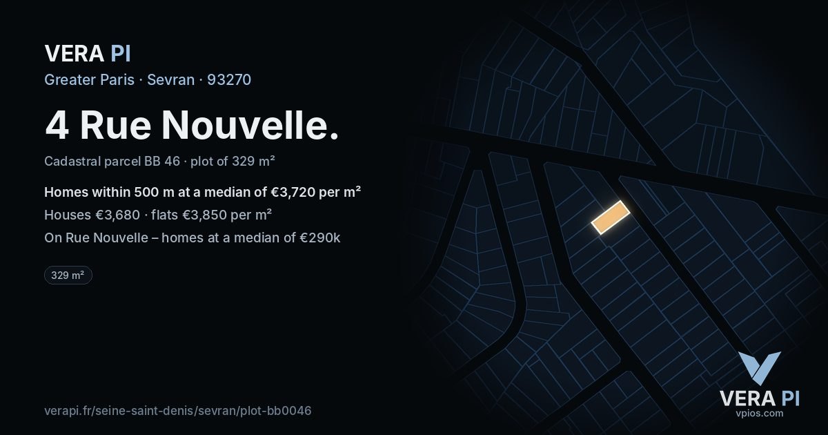4 Rue Nouvelle, Sevran at night – the plot lit, the parcels around coloured by the prices near them