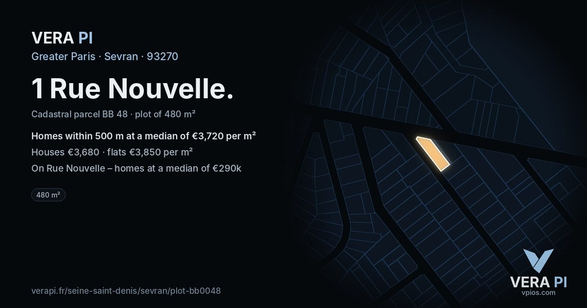 1 Rue Nouvelle, Sevran at night – the plot lit, the parcels around coloured by the prices near them