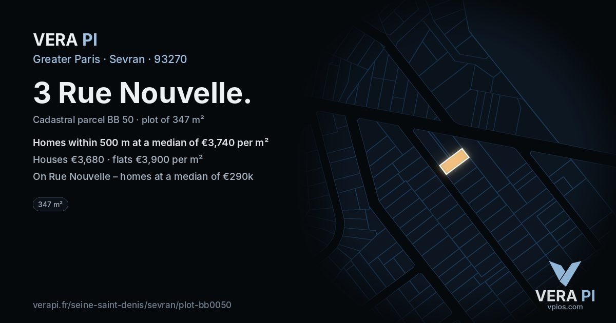 3 Rue Nouvelle, Sevran at night – the plot lit, the parcels around coloured by the prices near them