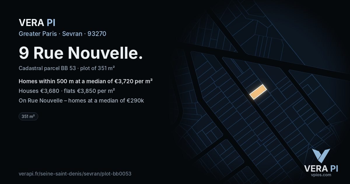 9 Rue Nouvelle, Sevran at night – the plot lit, the parcels around coloured by the prices near them