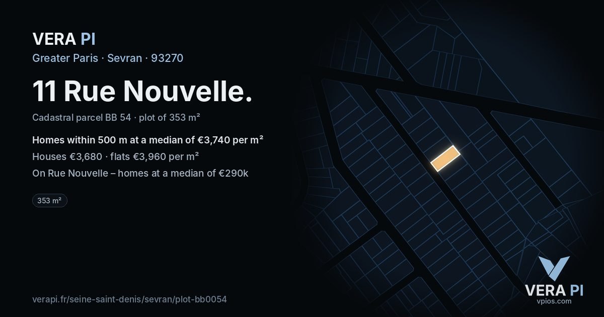 11 Rue Nouvelle, Sevran at night – the plot lit, the parcels around coloured by the prices near them
