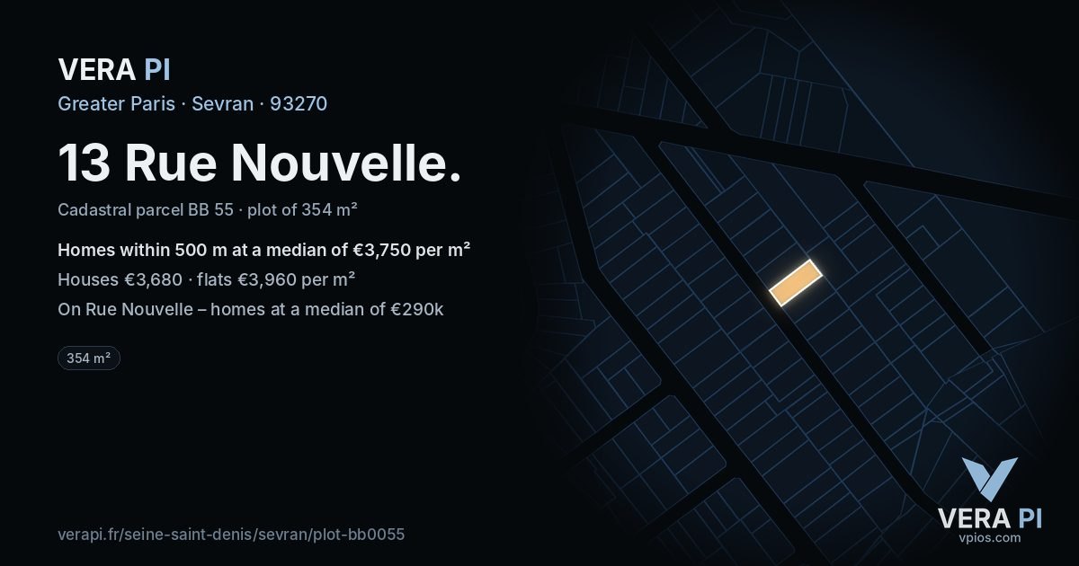 13 Rue Nouvelle, Sevran at night – the plot lit, the parcels around coloured by the prices near them