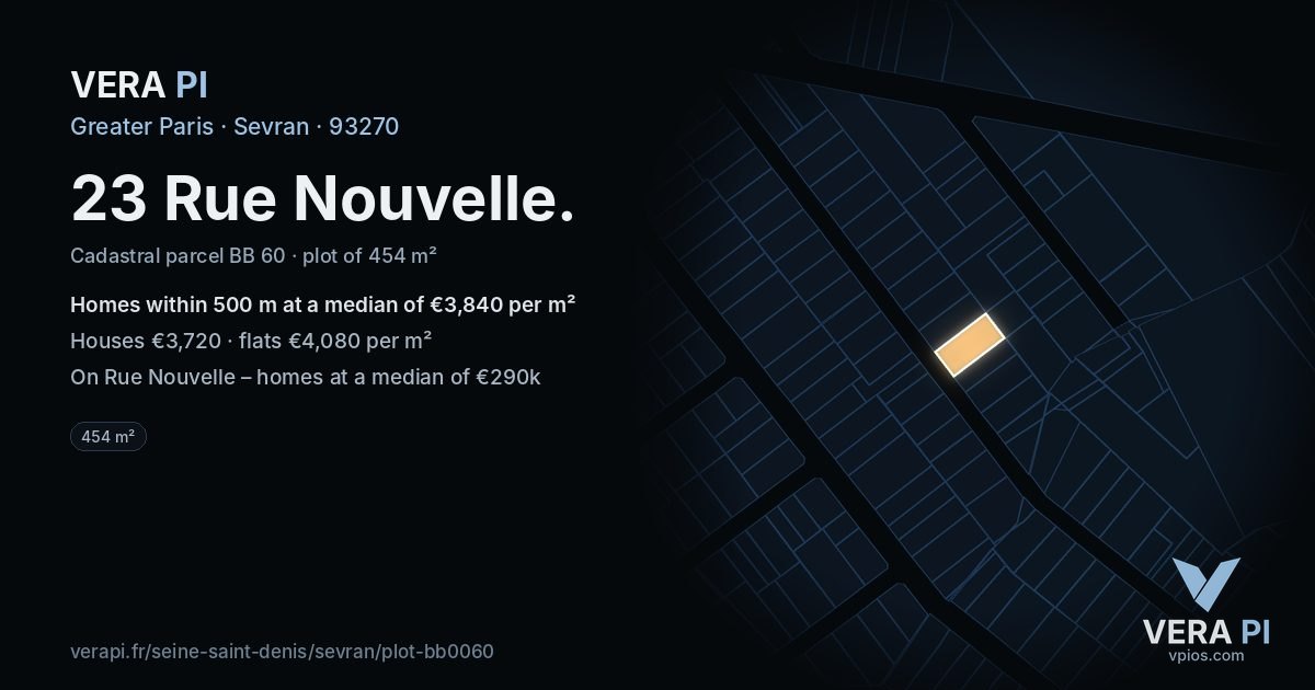23 Rue Nouvelle, Sevran at night – the plot lit, the parcels around coloured by the prices near them