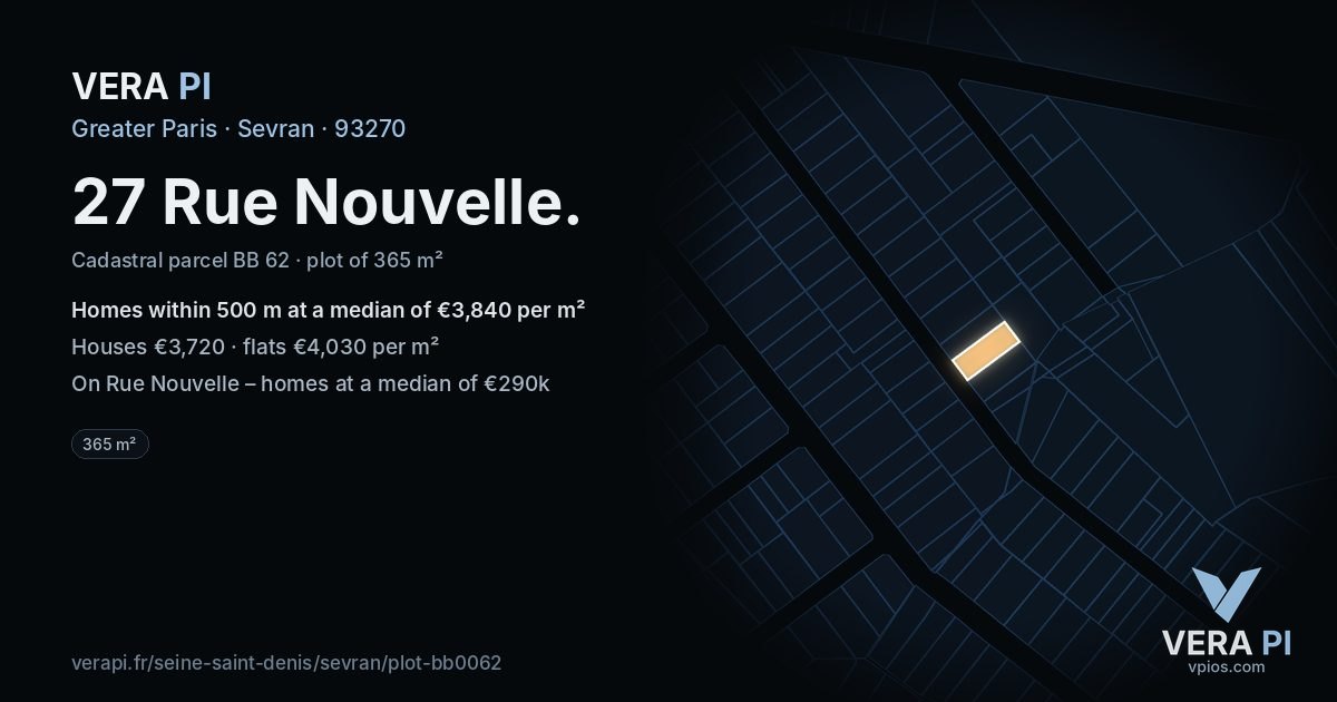 27 Rue Nouvelle, Sevran at night – the plot lit, the parcels around coloured by the prices near them