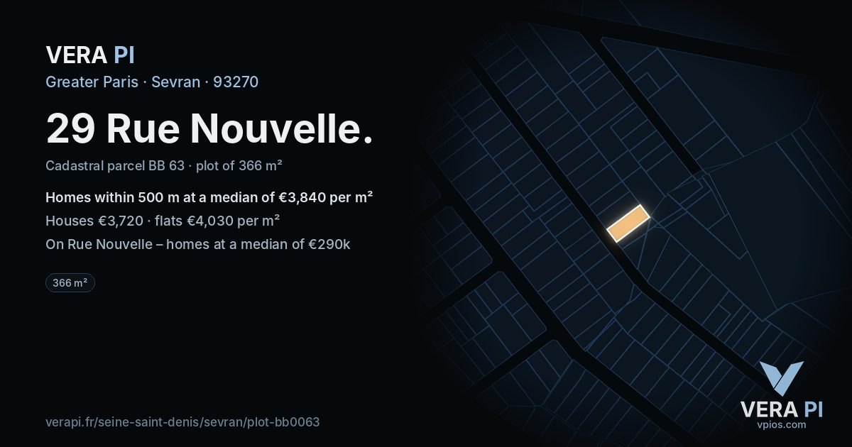 29 Rue Nouvelle, Sevran at night – the plot lit, the parcels around coloured by the prices near them