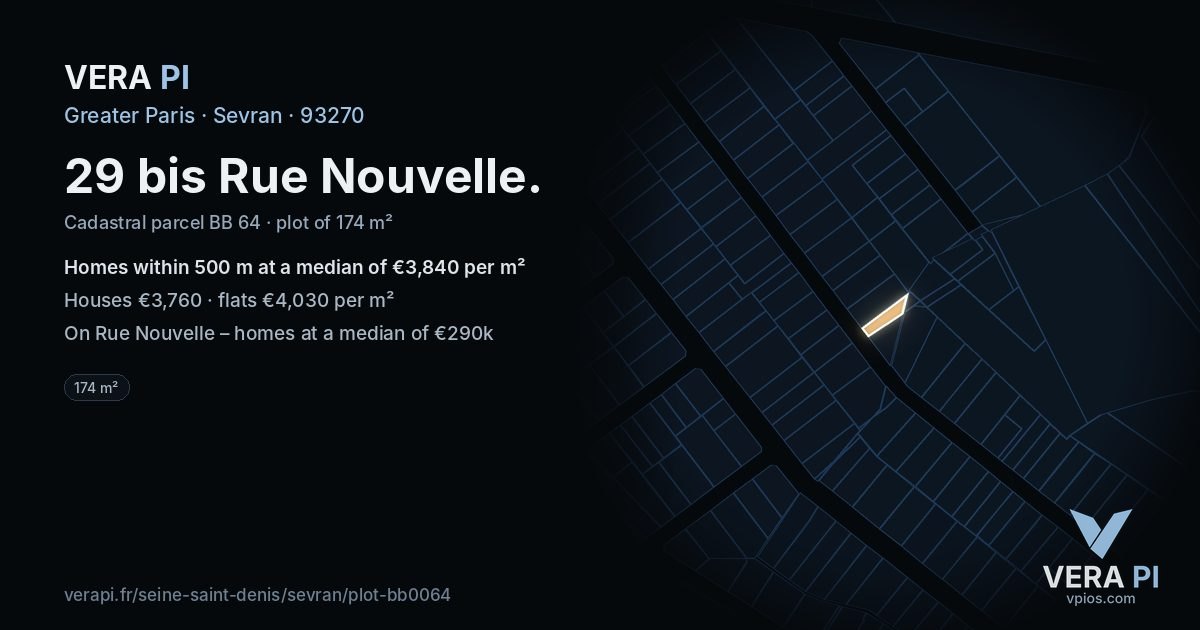 29 bis Rue Nouvelle, Sevran at night – the plot lit, the parcels around coloured by the prices near them