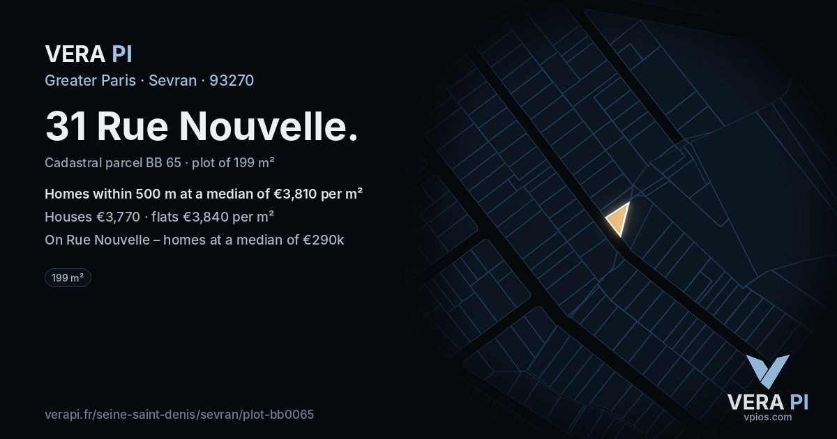 31 Rue Nouvelle, Sevran at night – the plot lit, the parcels around coloured by the prices near them