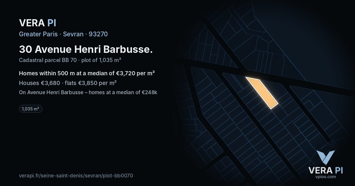 30 Avenue Henri Barbusse, Sevran at night – the plot lit, the parcels around coloured by the prices near them