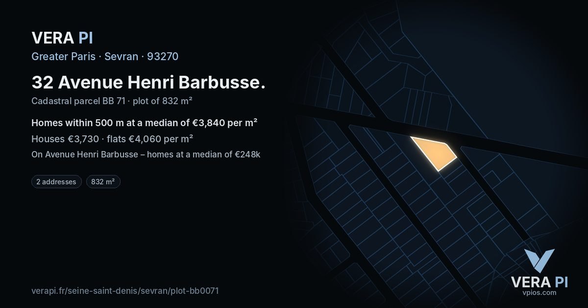 32 Avenue Henri Barbusse, Sevran at night – the plot lit, the parcels around coloured by the prices near them