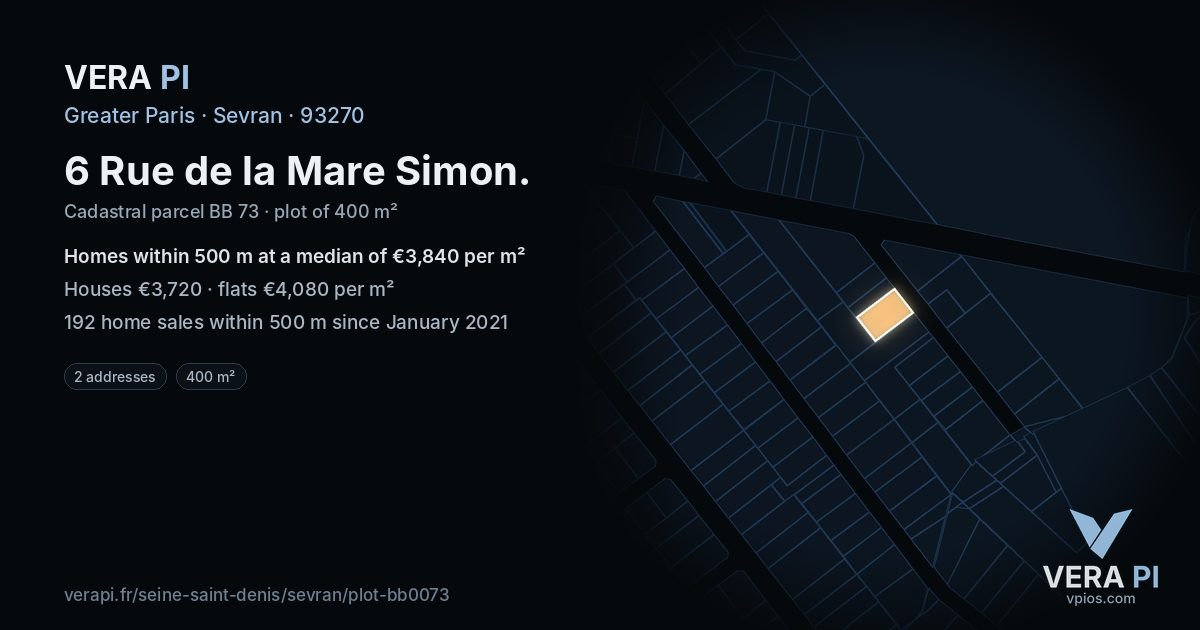 6 Rue de la Mare Simon, Sevran at night – the plot lit, the parcels around coloured by the prices near them