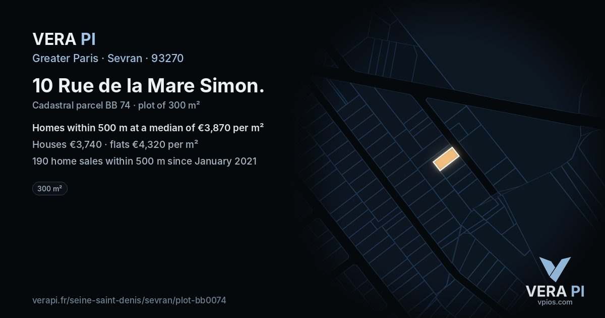 10 Rue de la Mare Simon, Sevran at night – the plot lit, the parcels around coloured by the prices near them