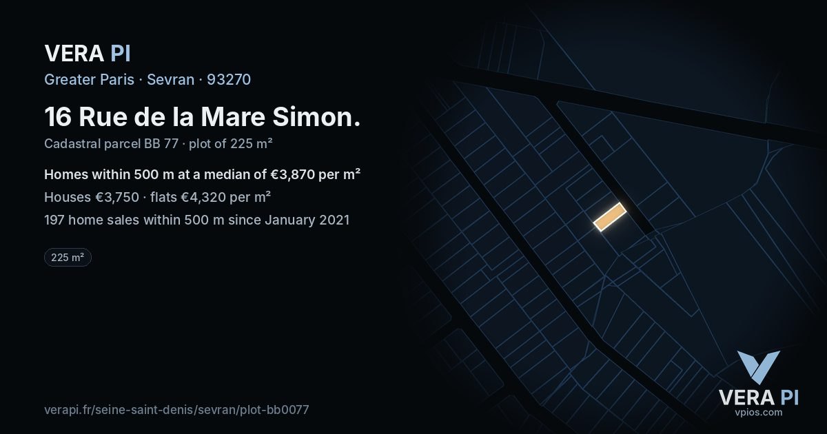 16 Rue de la Mare Simon, Sevran at night – the plot lit, the parcels around coloured by the prices near them