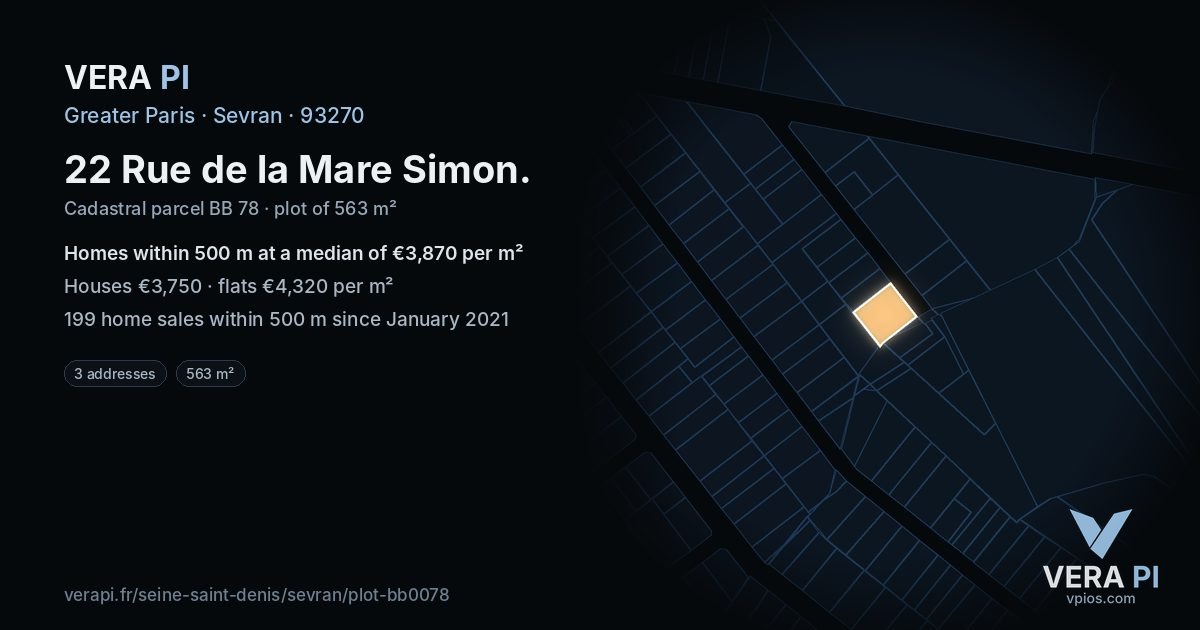 22 Rue de la Mare Simon, Sevran at night – the plot lit, the parcels around coloured by the prices near them