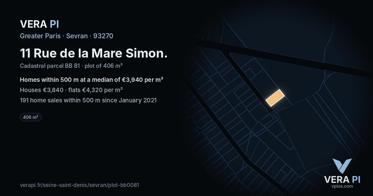11 Rue de la Mare Simon, Sevran at night – the plot lit, the parcels around coloured by the prices near them