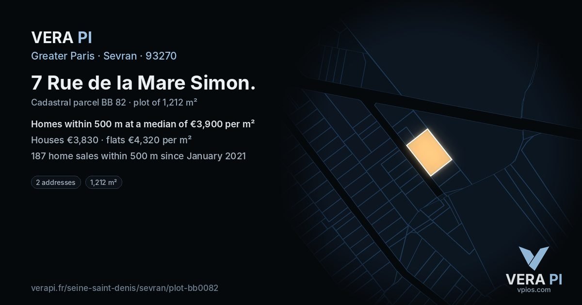 7 Rue de la Mare Simon, Sevran at night – the plot lit, the parcels around coloured by the prices near them