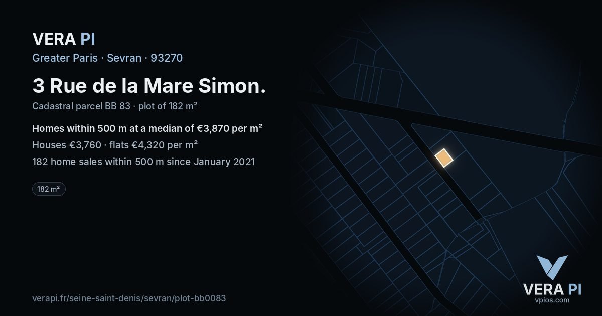 3 Rue de la Mare Simon, Sevran at night – the plot lit, the parcels around coloured by the prices near them