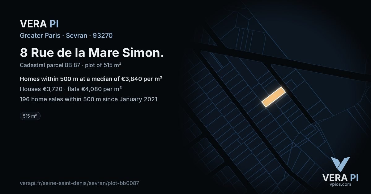 8 Rue de la Mare Simon, Sevran at night – the plot lit, the parcels around coloured by the prices near them