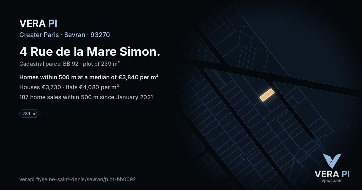 4 Rue de la Mare Simon, Sevran at night – the plot lit, the parcels around coloured by the prices near them