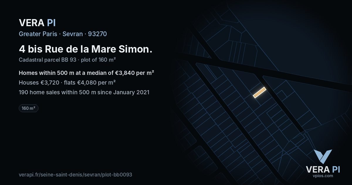 4 bis Rue de la Mare Simon, Sevran at night – the plot lit, the parcels around coloured by the prices near them