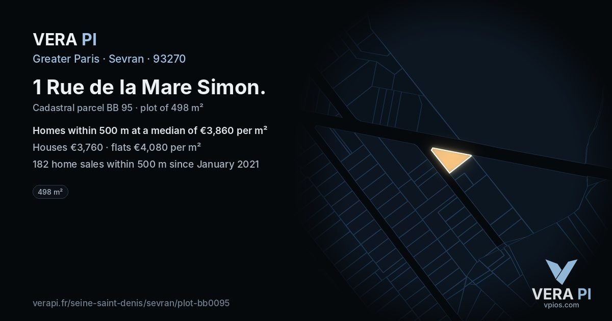 1 Rue de la Mare Simon, Sevran at night – the plot lit, the parcels around coloured by the prices near them