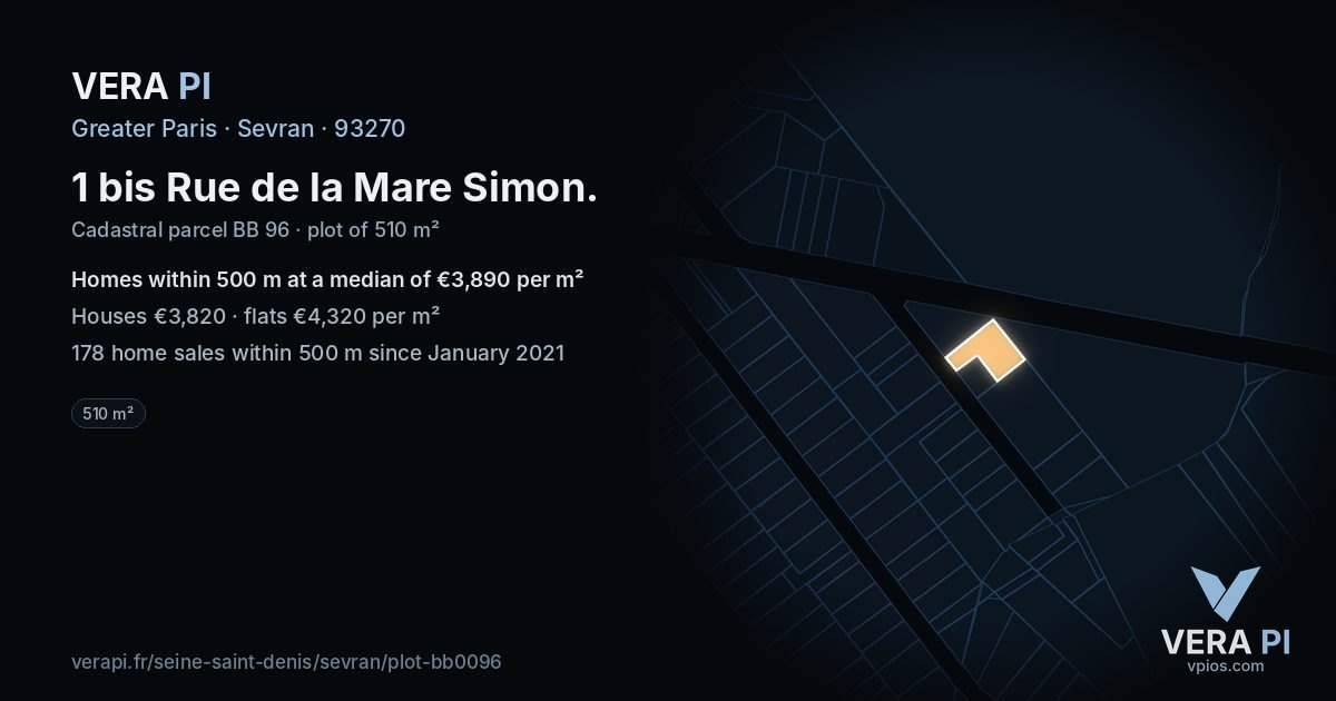 1 bis Rue de la Mare Simon, Sevran at night – the plot lit, the parcels around coloured by the prices near them