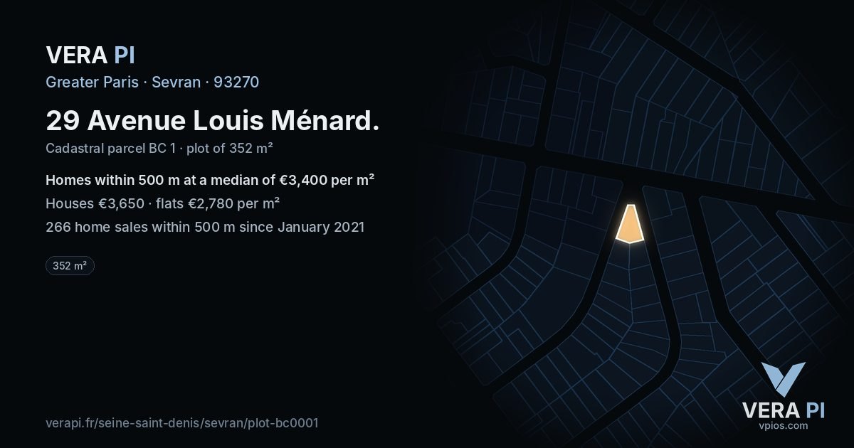 29 Avenue Louis Ménard, Sevran at night – the plot lit, the parcels around coloured by the prices near them