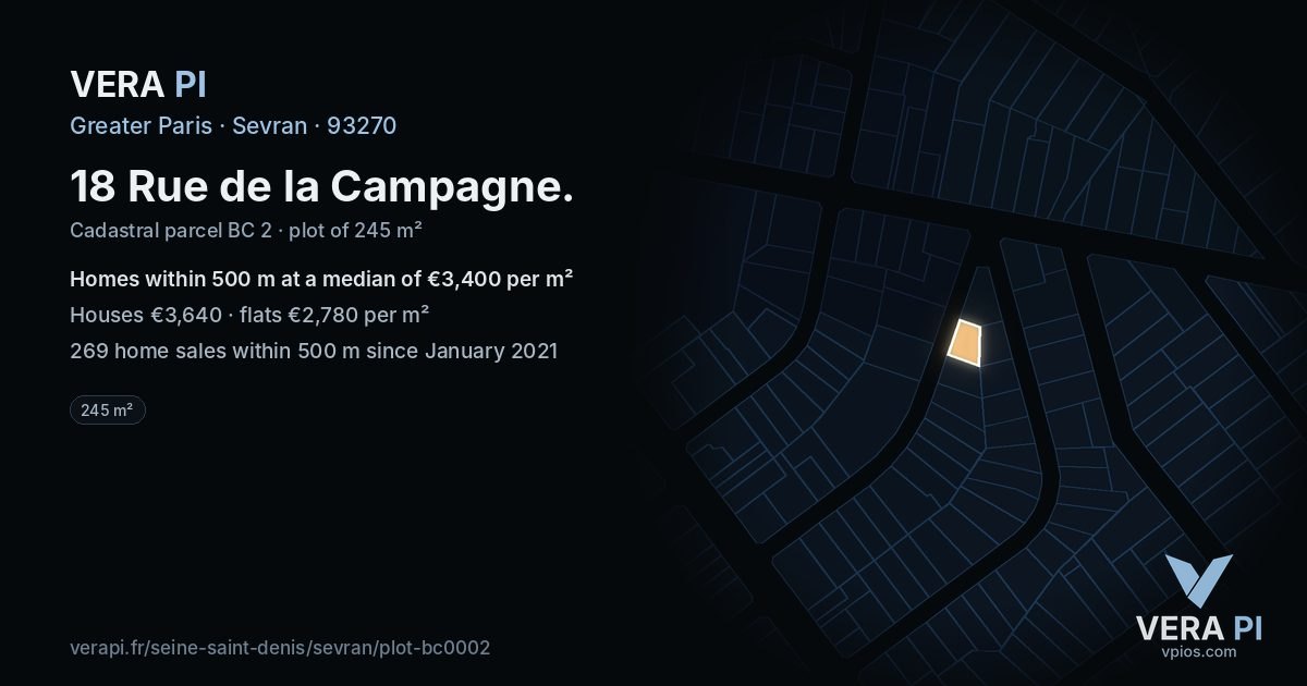 18 Rue de la Campagne, Sevran at night – the plot lit, the parcels around coloured by the prices near them