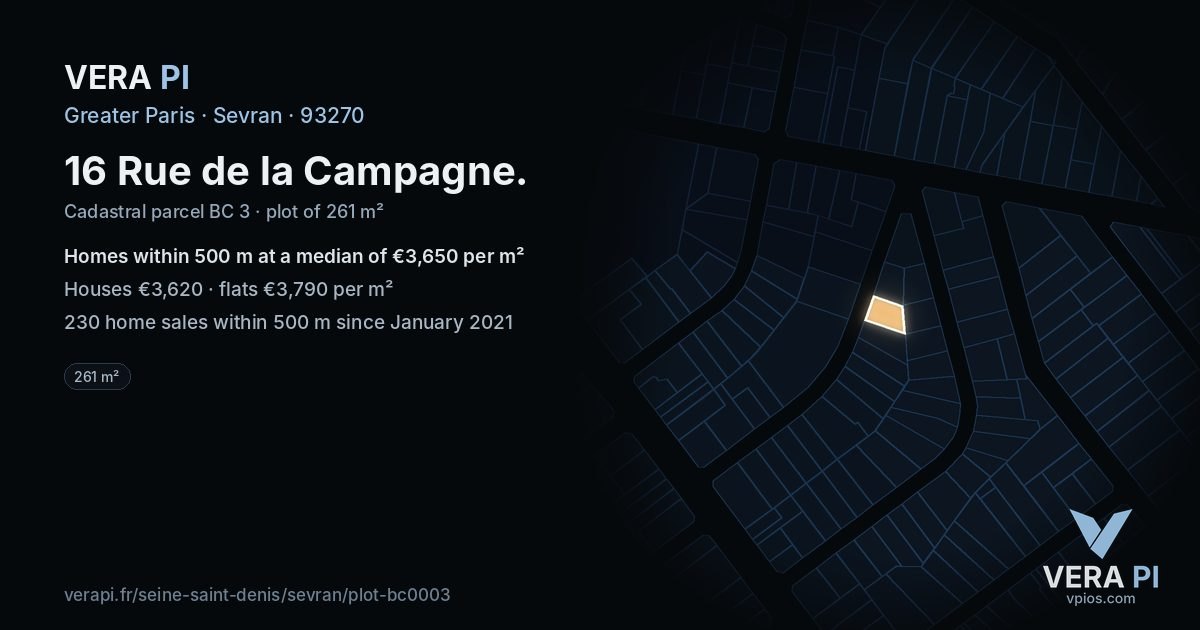 16 Rue de la Campagne, Sevran at night – the plot lit, the parcels around coloured by the prices near them
