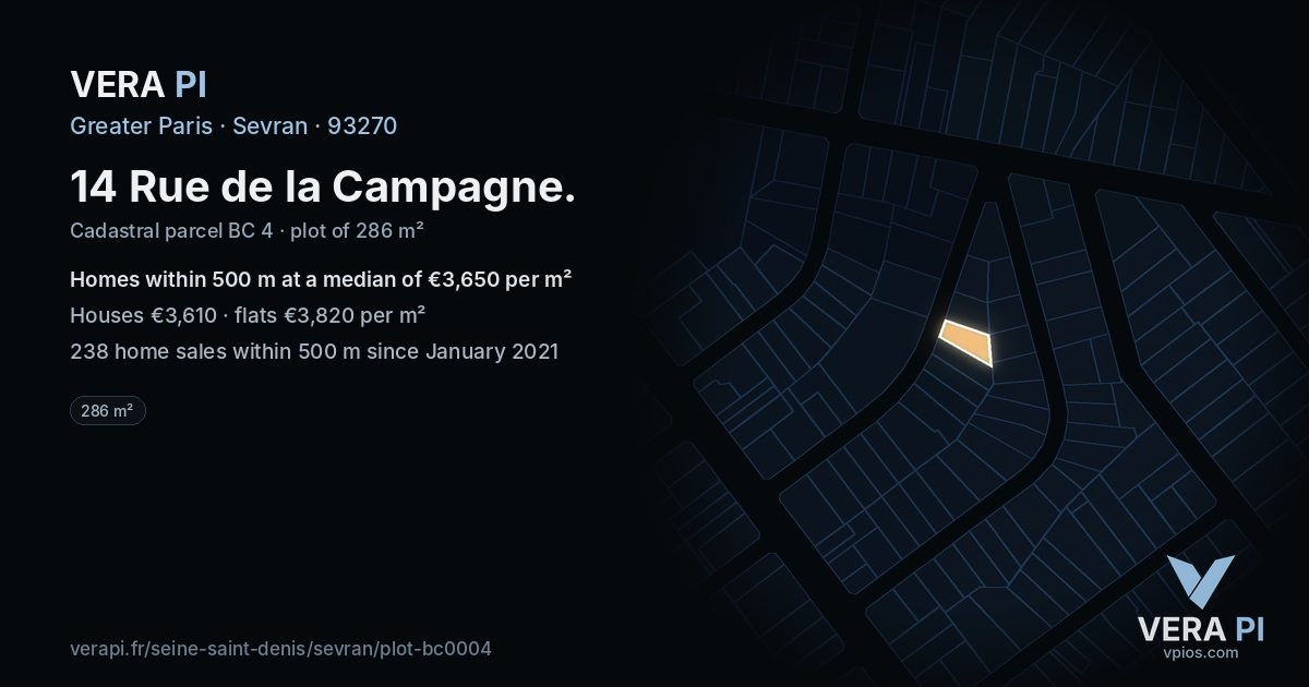 14 Rue de la Campagne, Sevran at night – the plot lit, the parcels around coloured by the prices near them