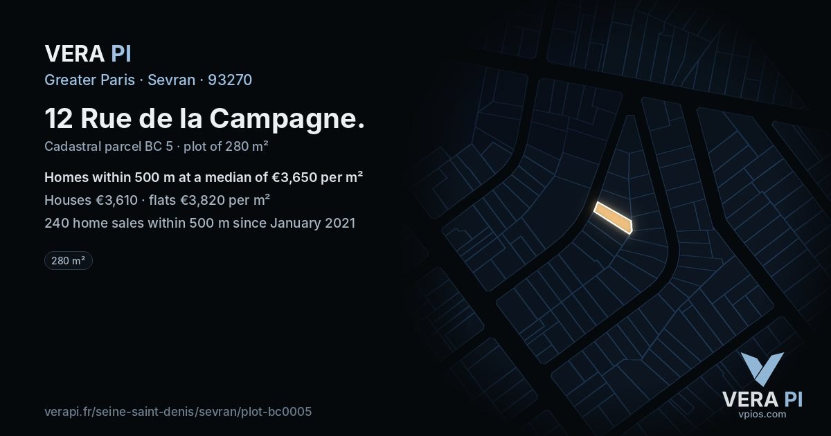 12 Rue de la Campagne, Sevran at night – the plot lit, the parcels around coloured by the prices near them