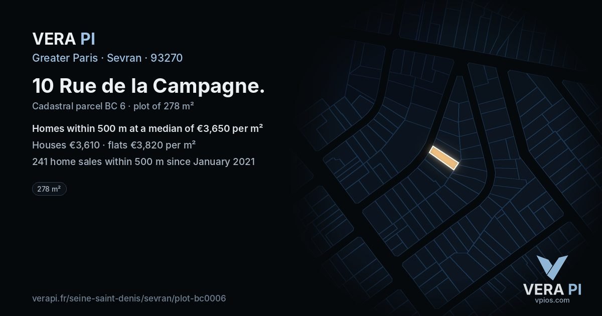 10 Rue de la Campagne, Sevran at night – the plot lit, the parcels around coloured by the prices near them